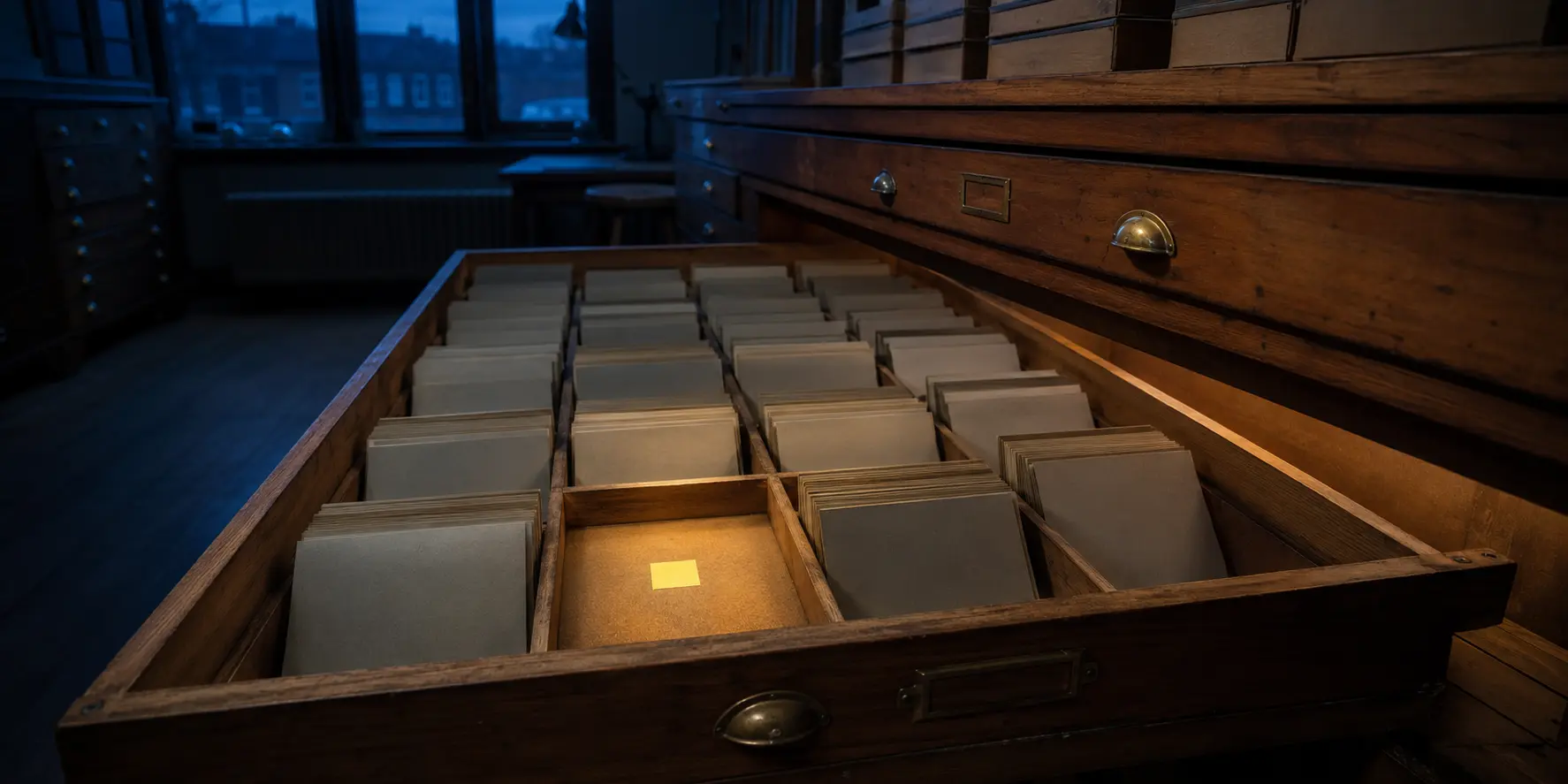 A real wooden flat-file archive drawer containing face-down unlabelled photo mounts and one empty center compartment marked by a warm yellow square