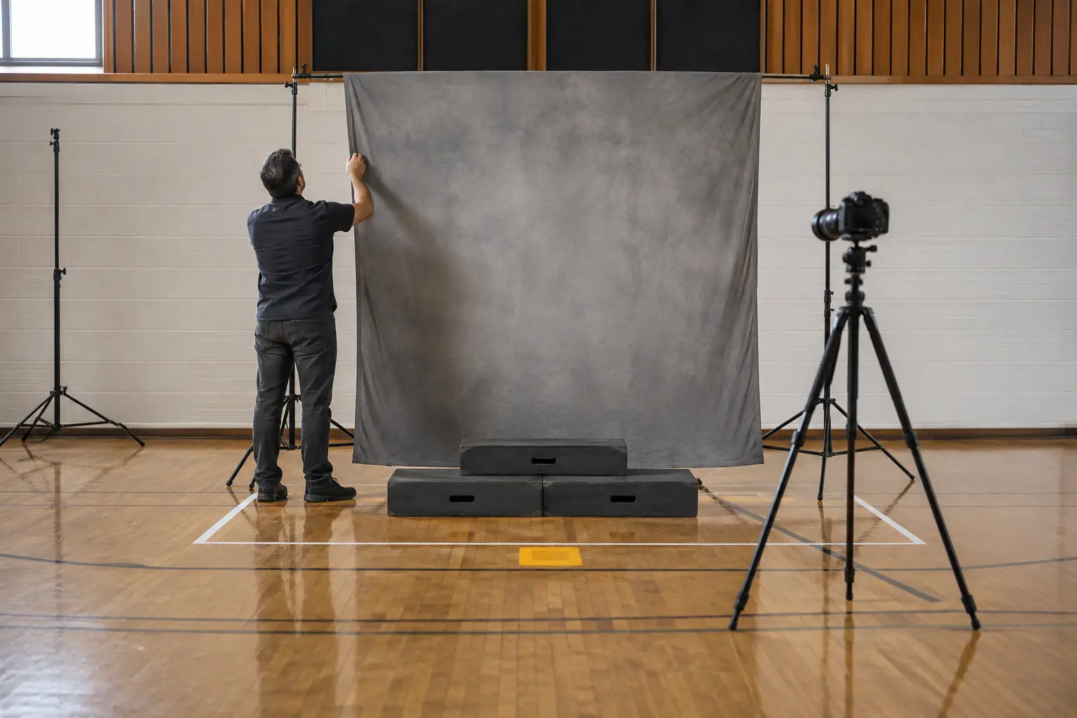 An adult photographer seen from behind preparing a plain unbranded camera, neutral backdrop, risers, and taped positions in an empty gym