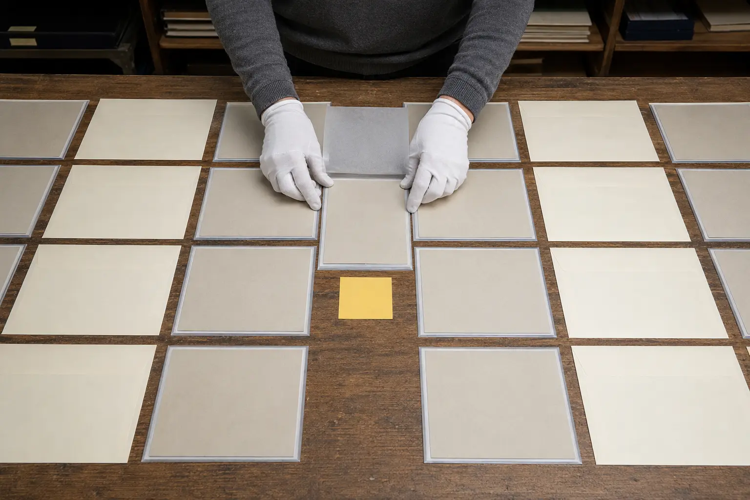 Gloved adult hands aligning blank unlabelled archival sleeves and cream envelopes in a grid with one warm yellow square at the empty center