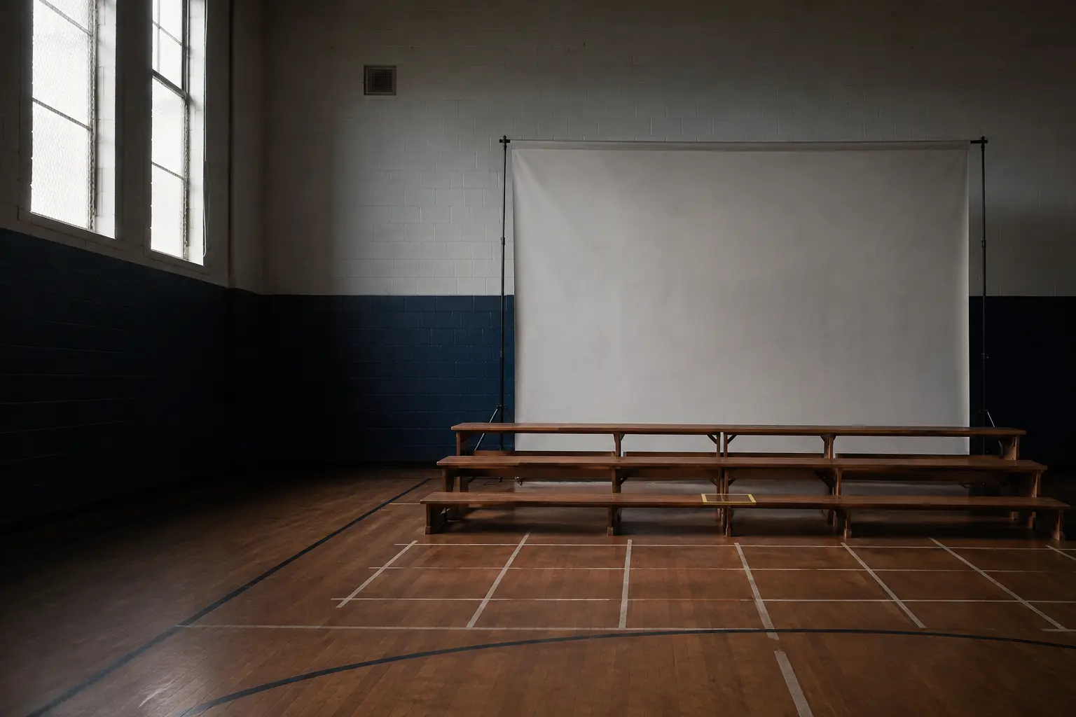 Empty wooden class-photo risers in a real gym before the session with a plain backdrop and one warm yellow center square